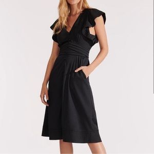 VERONICA BEARD Pleated Ruffle Sada V-Neck Midi Black Dress Sz 4